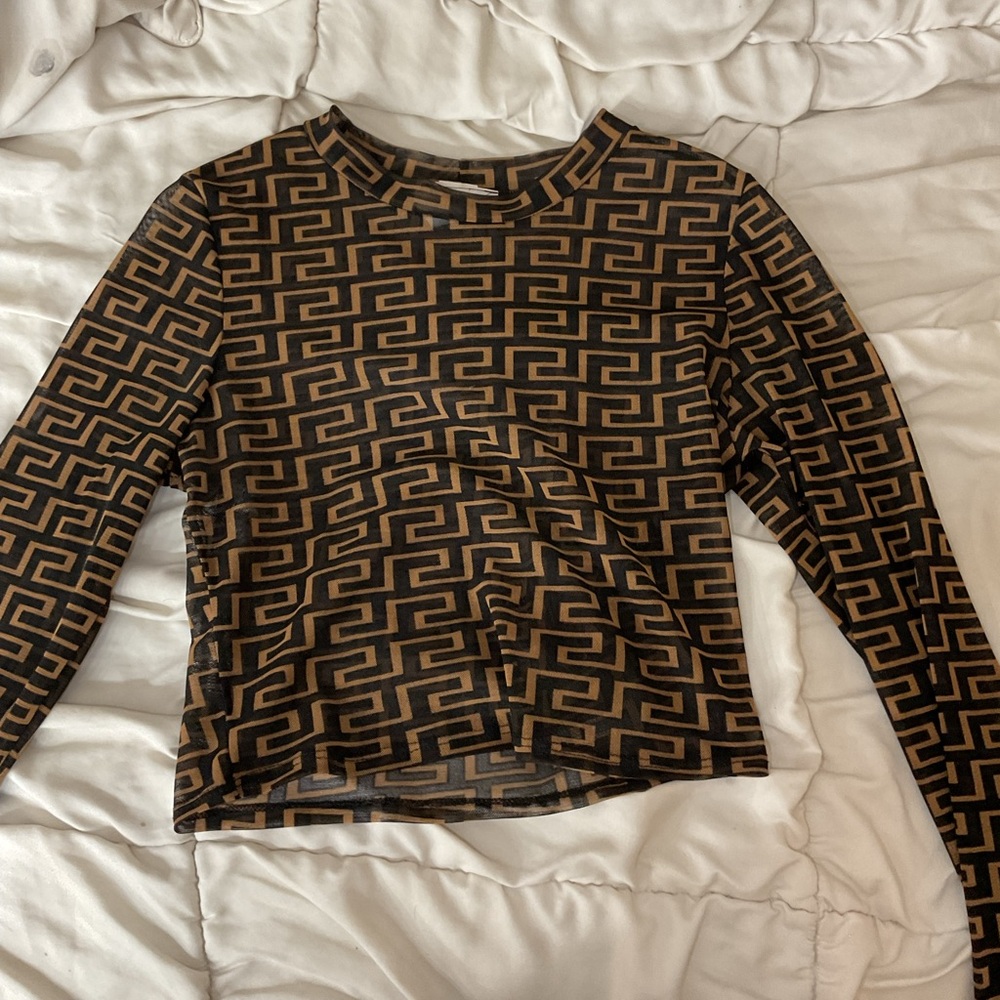 Geometric Patterned Brown and Black Women's Top
